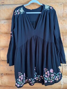 Free People Black V-Neck Embroidered Floral Tunic Dress with bell sleeve